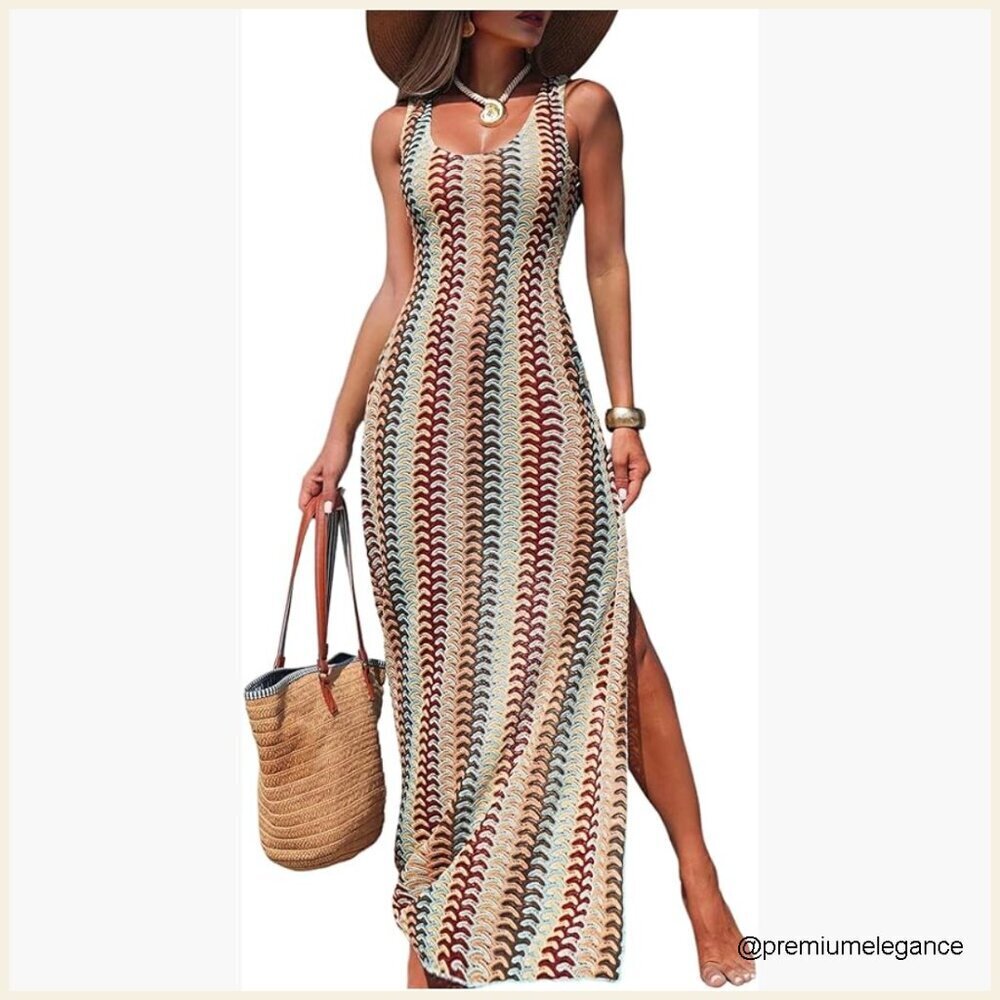 Crochet Maxi Dress Beach Cover Up Boho Bodycon Summer Sleeveless Sundress